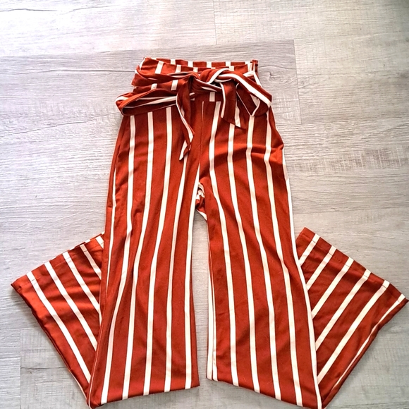 Windsor Pants - Windsor Rust & Cream Stripe Flared Pants with Belt size XS